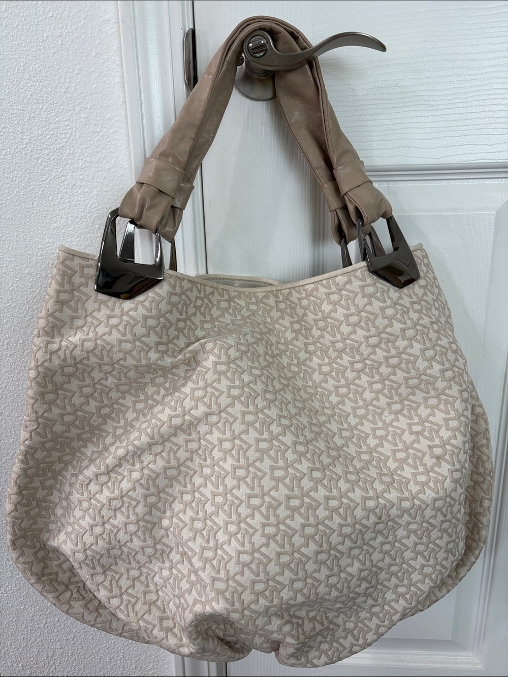 DKNY Beige Monogram Hobo Shoulder Bag with Taupe Handles